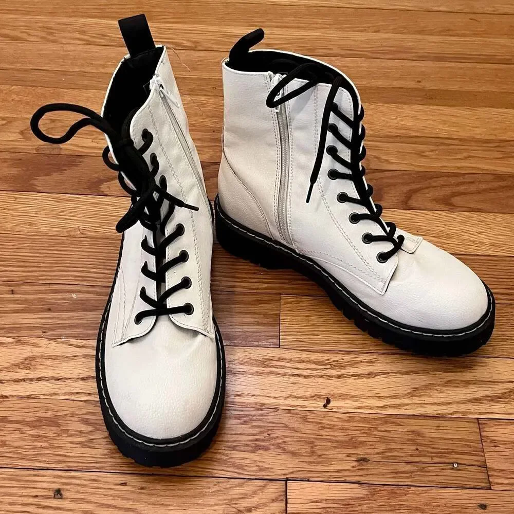 Sincerely Jules Harley White Combat Boots Leather Zipper Lace Up Size 8M
